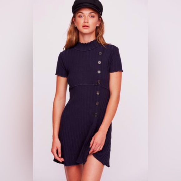 Free People Dresses & Skirts - Free People Lottie Navy Blue Ribbed Button Front Mock Neck Sweater Dress XL (A11